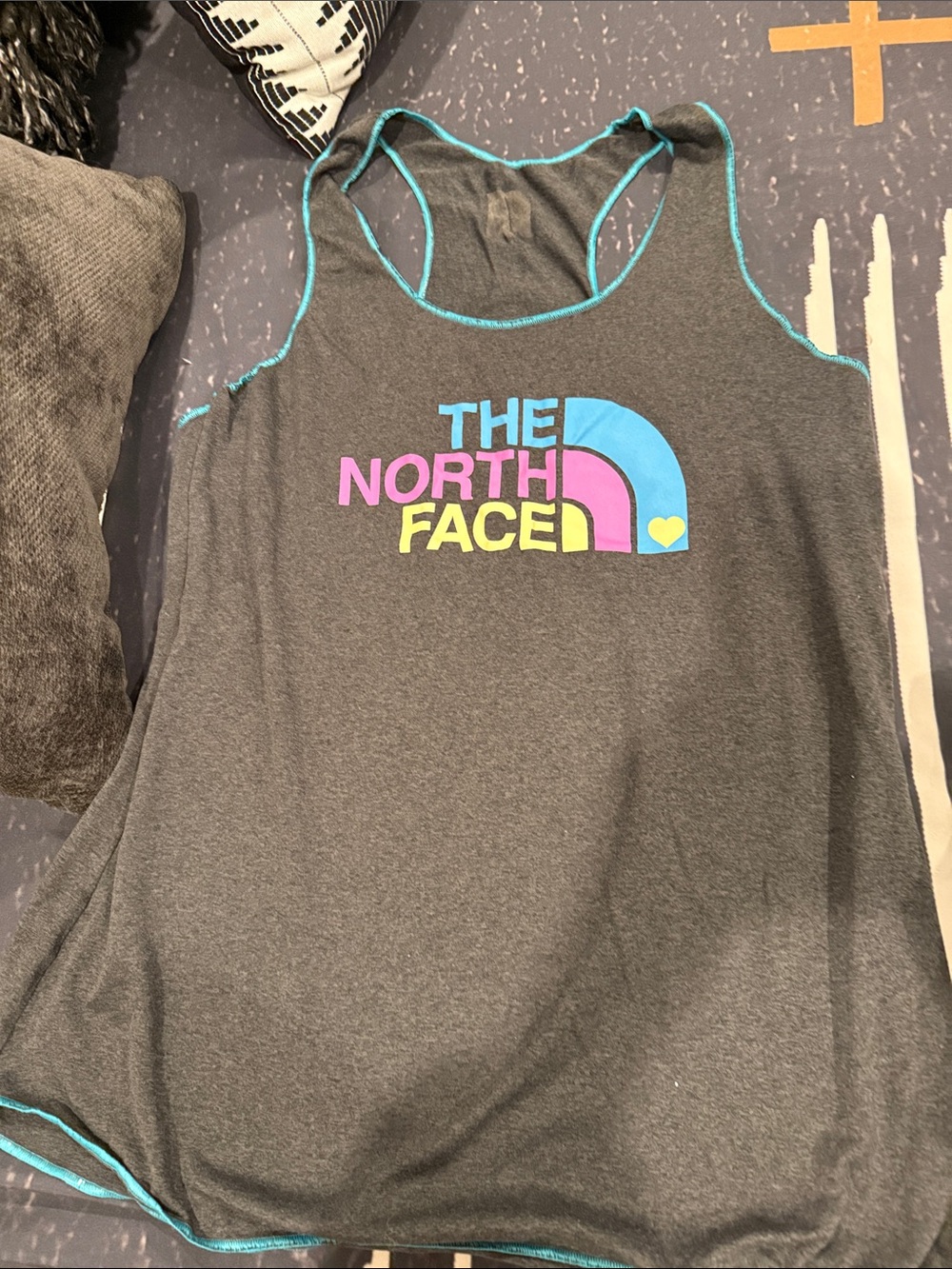 The North Face Dark Gray Racerback Tank with Pink, Yellow & Blue Logo